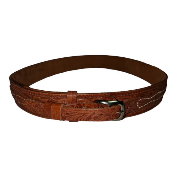 Vintage Hand Tooled Leather Belt Top Grain SteerHide Tan Unisex - Picture 1 of 9